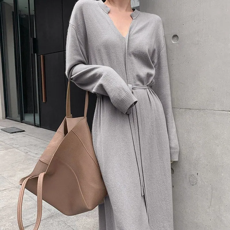 Fashionkova  2022 Autumn Belt Knitted Dresses Women Korean Fashion High Waist Bottoming Long Elegant Winter Sweater Straight Pullovers