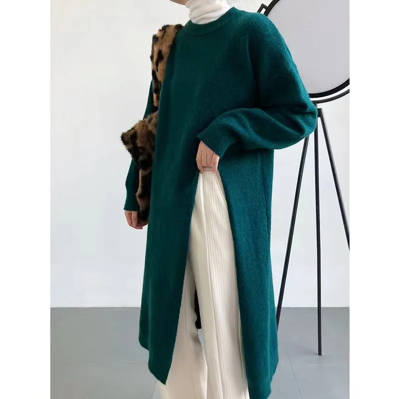 Fashionkova long sweater dress outfit Lazy Style Side Slit Dress Women's  Autumn and Winter Loose round Neck Pullover over the Knee Long Knitted Sweater Dress