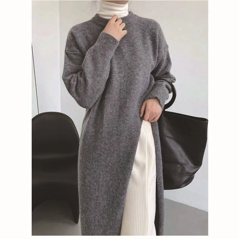 Fashionkova long sweater dress outfit Lazy Style Side Slit Dress Women's  Autumn and Winter Loose round Neck Pullover over the Knee Long Knitted Sweater Dress