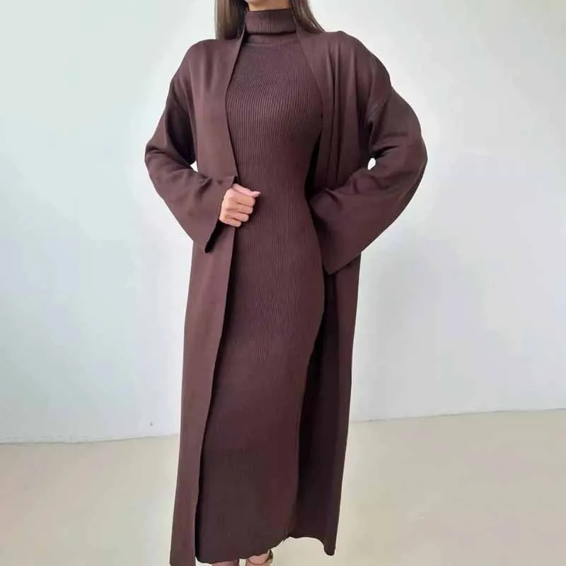 Fashionkova tie outfit 2024 Autumn and Winter Women's Solid Color Casual Long Sweater Dress Two-Piece Set