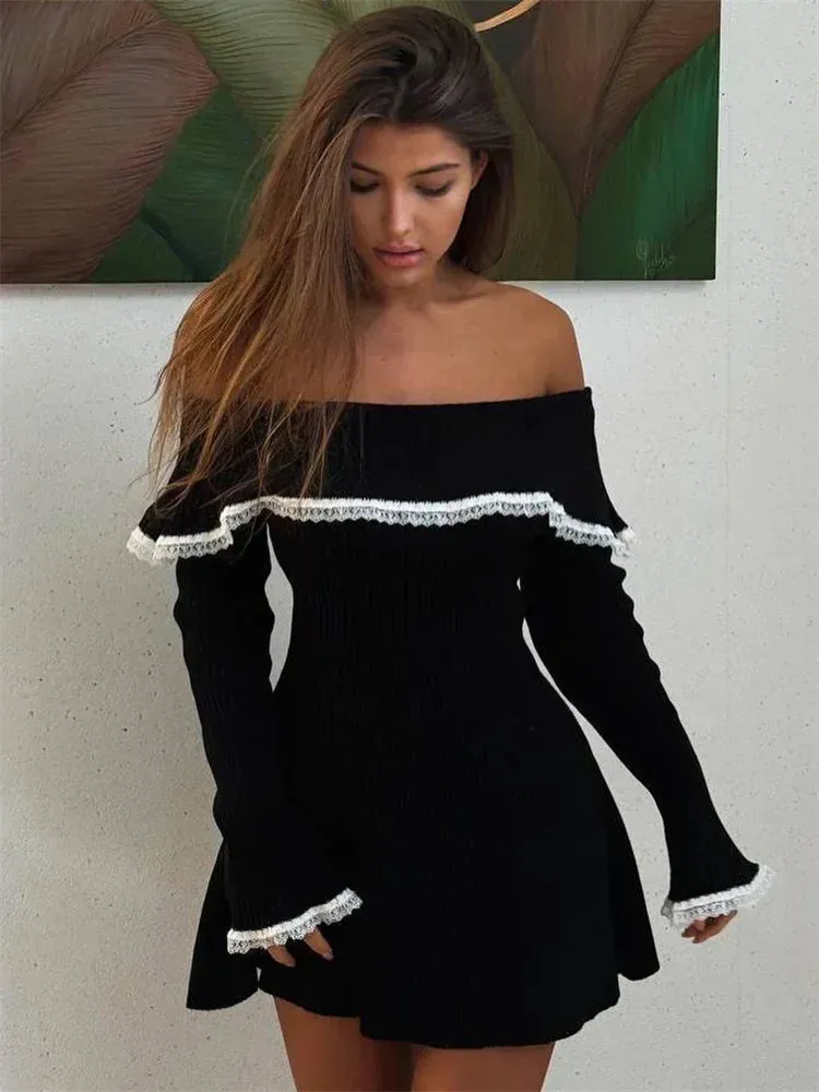 Flytonn Knit Off-Shoulder Sweater Mini Dress Women's Lace Patchwork Ribbed Slim Backless Elegant Party Dress Knitwear Mini Dress