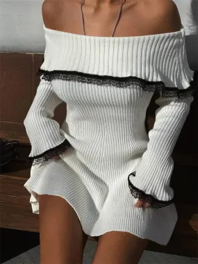 Flytonn Knit Off-Shoulder Sweater Mini Dress Women's Lace Patchwork Ribbed Slim Backless Elegant Party Dress Knitwear Mini Dress