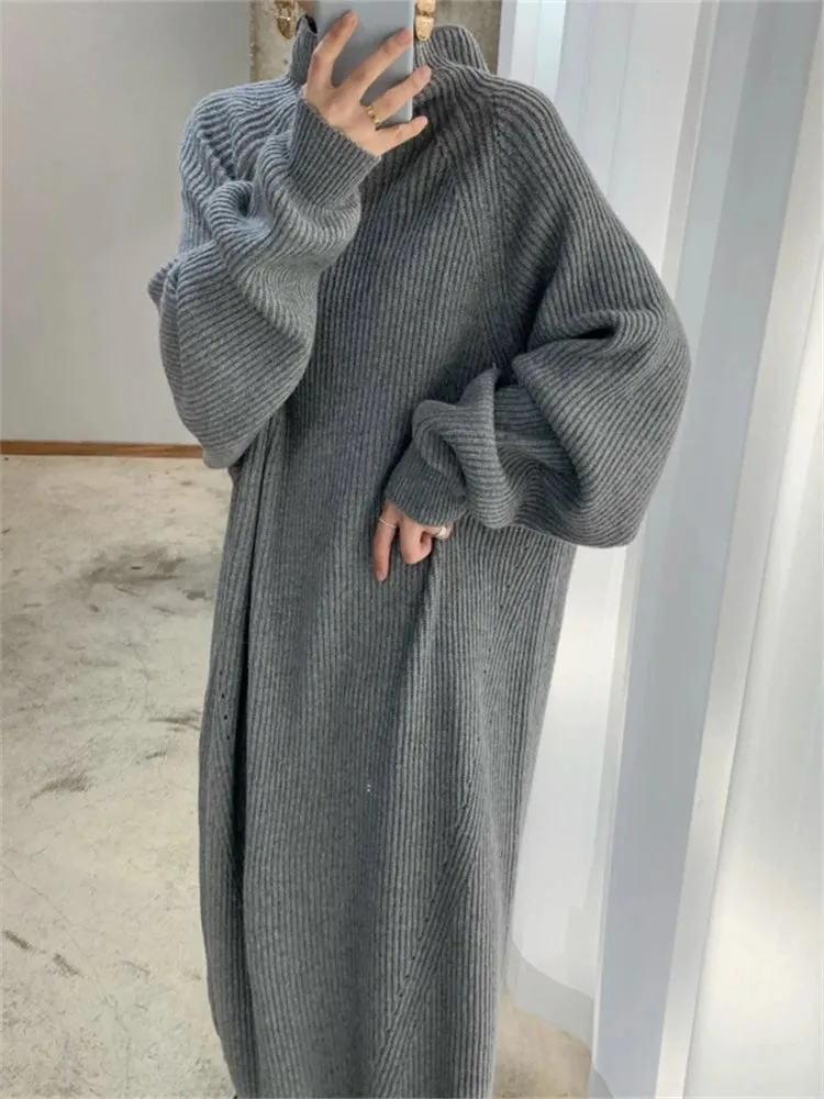 Flytonn-Women Dress Sweater Women Dress Thick Winter Fall Long Sleeve Knitted Dresses Maxi Vintage Oversize Knitting Turtleneck Black