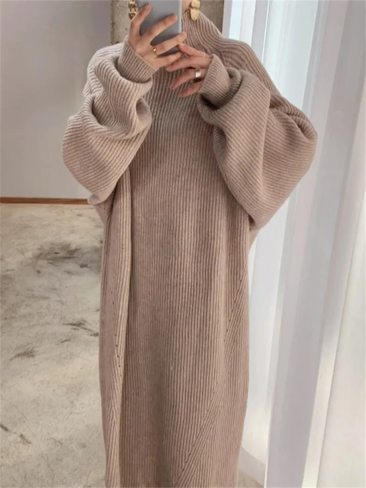 Flytonn-Women Dress Sweater Women Dress Thick Winter Fall Long Sleeve Knitted Dresses Maxi Vintage Oversize Knitting Turtleneck Black