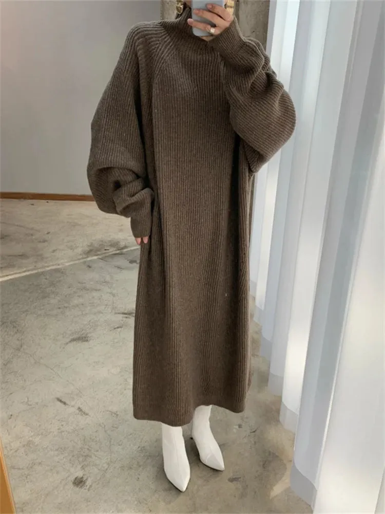 Flytonn-Women Dress Sweater Women Dress Thick Winter Fall Long Sleeve Knitted Dresses Maxi Vintage Oversize Knitting Turtleneck Black