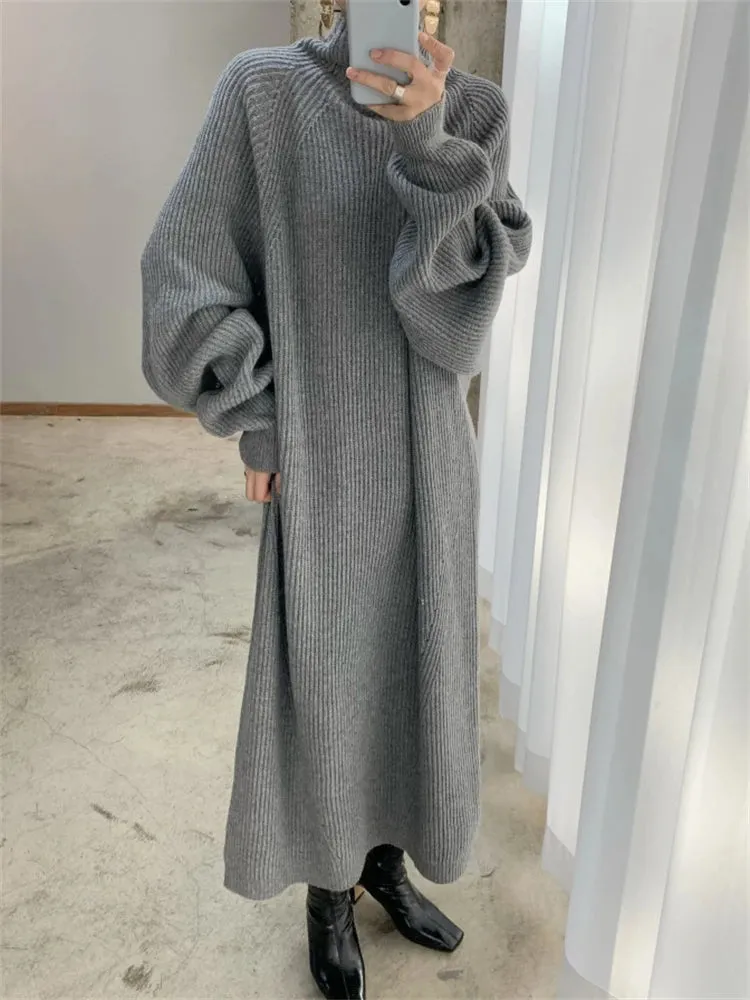 Flytonn-Women Dress Sweater Women Dress Thick Winter Fall Long Sleeve Knitted Dresses Maxi Vintage Oversize Knitting Turtleneck Black