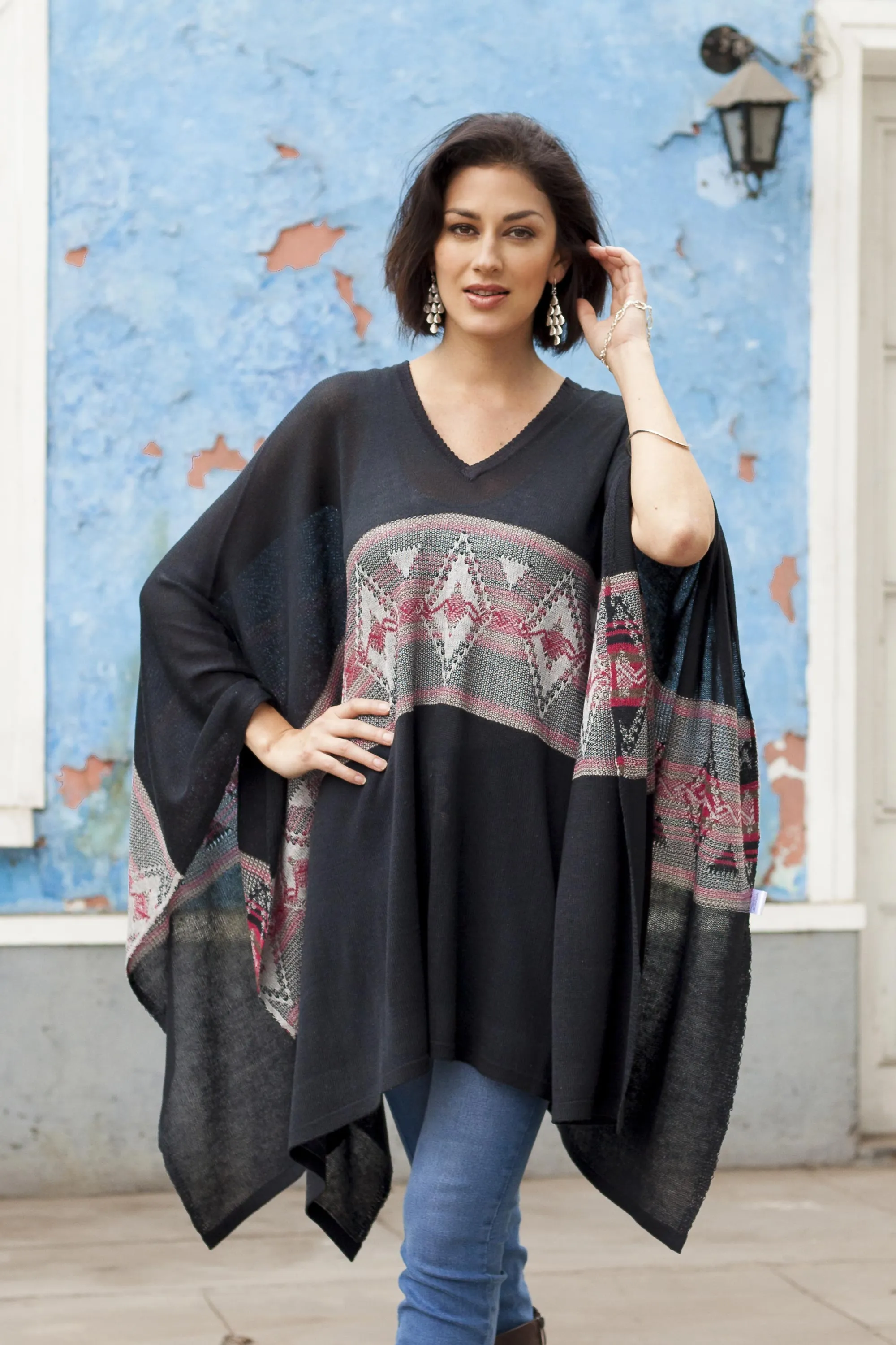 Geometric Pattern Cotton Blend Poncho in Black - Mysterious Andes | NOVICA