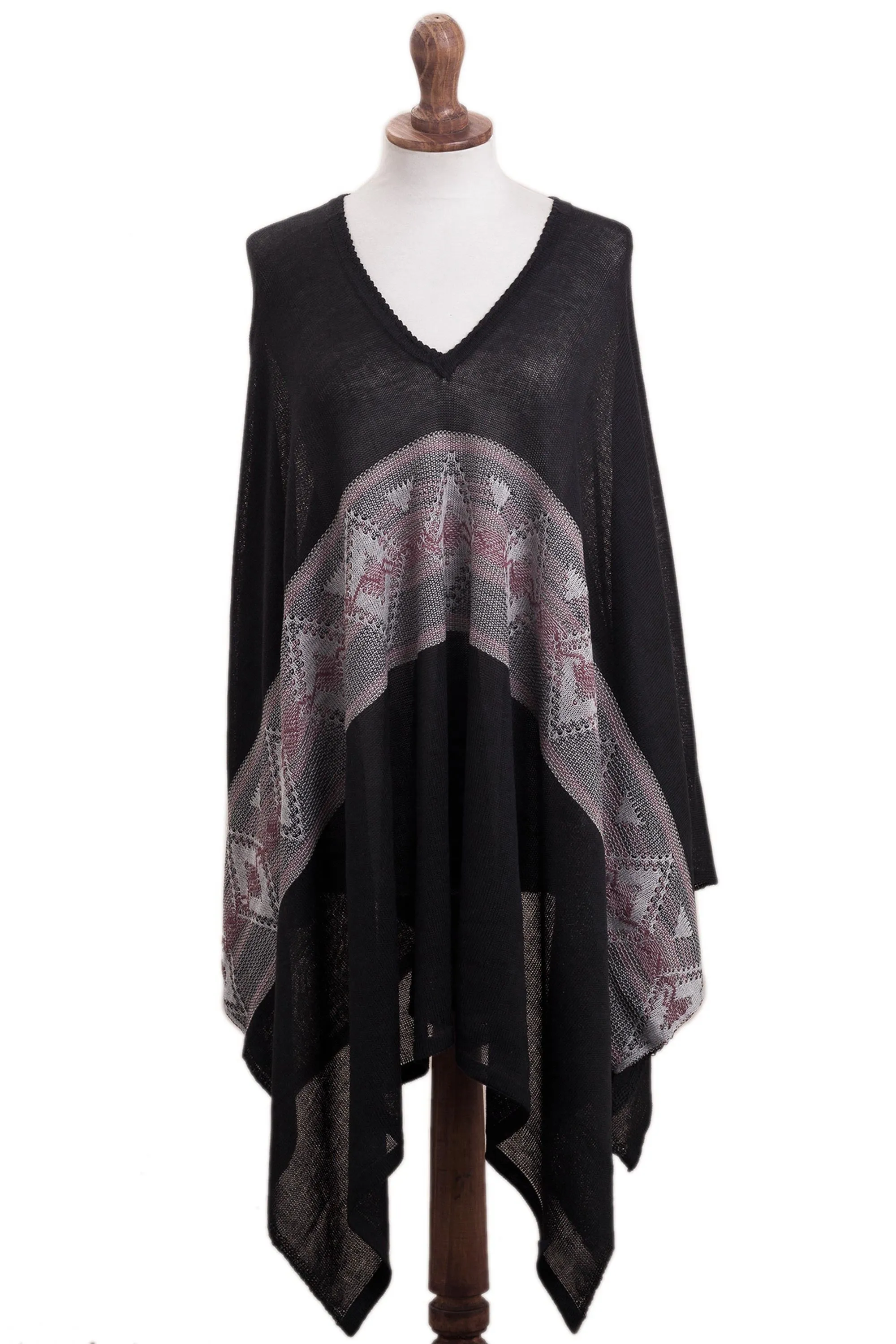 Geometric Pattern Cotton Blend Poncho in Black - Mysterious Andes | NOVICA