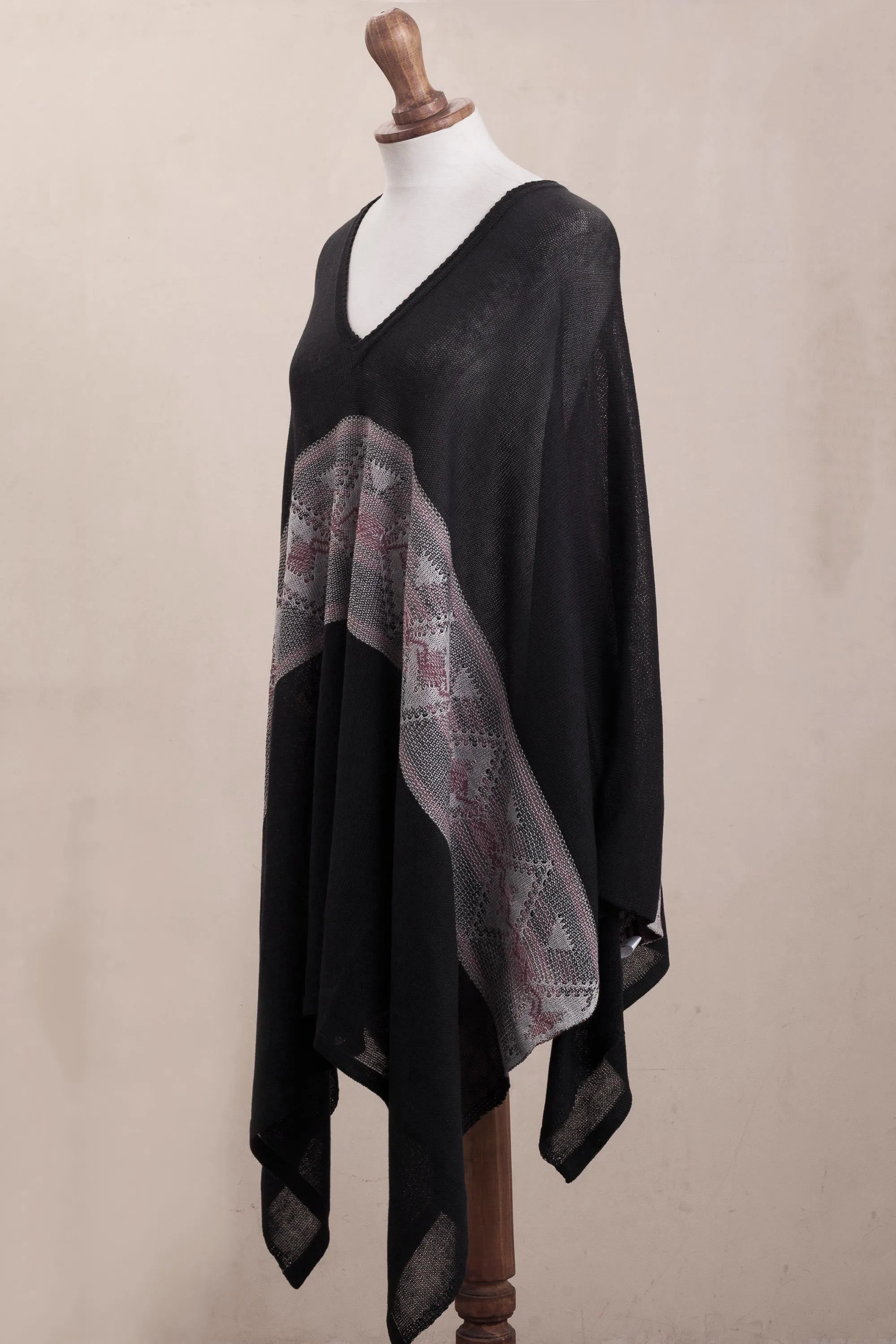 Geometric Pattern Cotton Blend Poncho in Black - Mysterious Andes | NOVICA