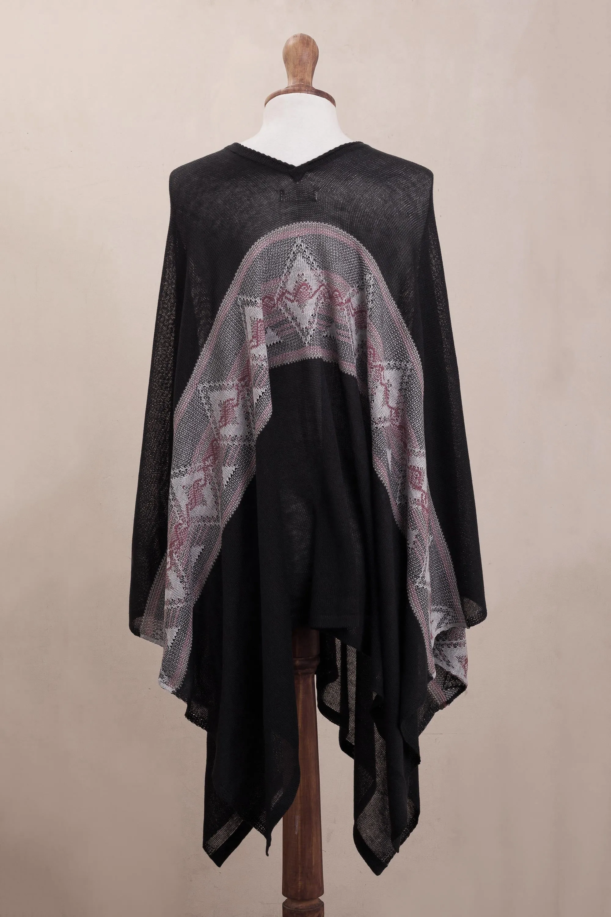 Geometric Pattern Cotton Blend Poncho in Black - Mysterious Andes | NOVICA