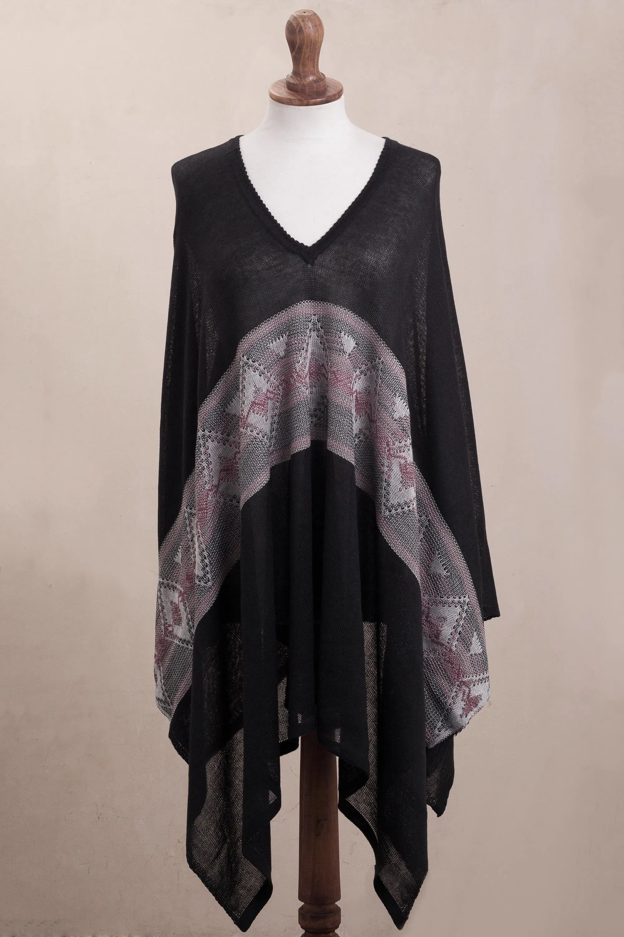 Geometric Pattern Cotton Blend Poncho in Black - Mysterious Andes | NOVICA