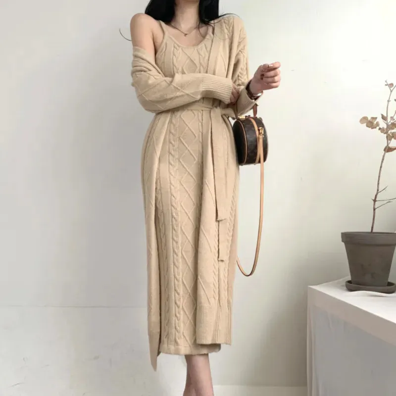 Getadme Elegant Fall Winter Thick Knitted 2 Piece Set Women Twist Long Cardigan Sweater Coat  Sleeveless Long Dress Suit Ensemble Femme