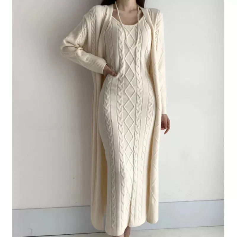 Getadme Elegant Fall Winter Thick Knitted 2 Piece Set Women Twist Long Cardigan Sweater Coat  Sleeveless Long Dress Suit Ensemble Femme