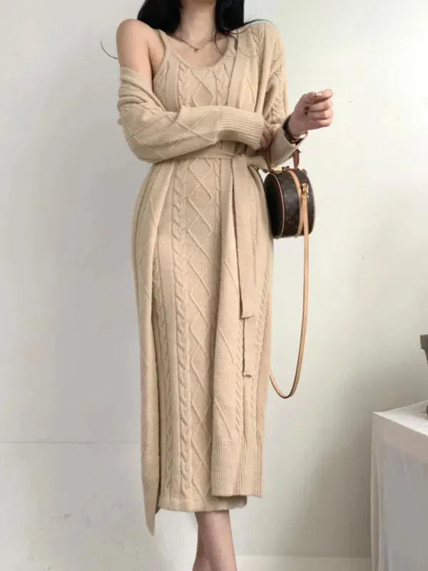 Getadme Elegant Fall Winter Thick Knitted 2 Piece Set Women Twist Long Cardigan Sweater Coat  Sleeveless Long Dress Suit Ensemble Femme