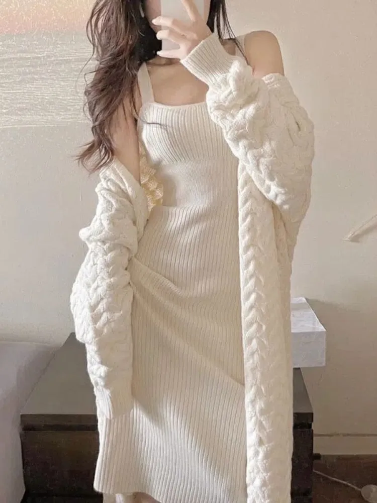 Getadme Elegant Knitted Two Piece Set Women Sweet Party Sweater Dress Set Female Button Designer Casual Kawaii Dress Suit Autumn