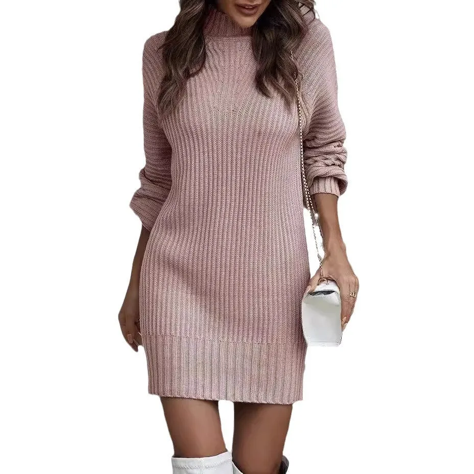 Girlary-shop 2000s fashion Autumn and Winter Solid Color Long Sleeve Fashion Turtleneck Sweater Women Dress