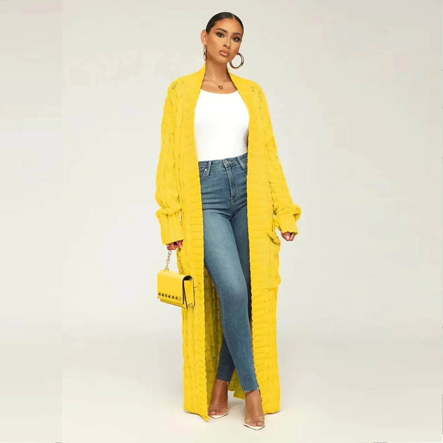 Girlary-shop clothes Fashion Lazy Style Women's Clothing Autumn and Winter Solid Color Long Twist Sweater Cardigan Coat