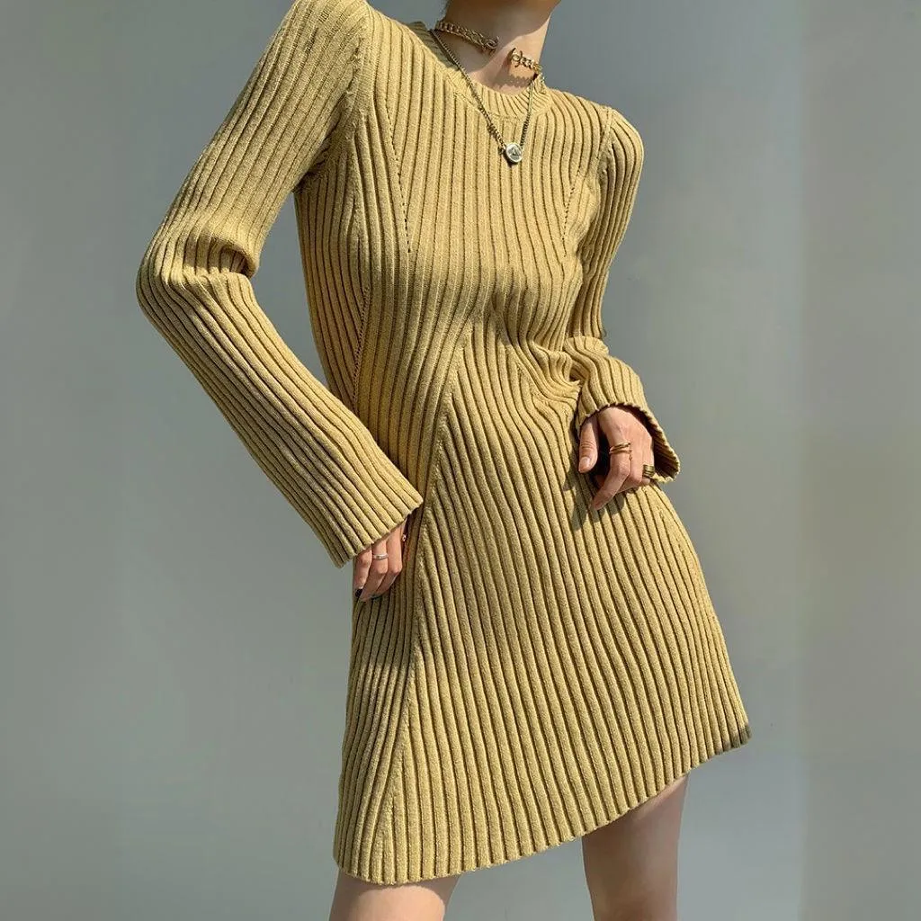 Girlary-shop fall outfits 2024 Women's Fashion Slim-Fit Knitted Dress Women's Autumn and Winter 2024 Inner Base Flared Sleeve Sweater Dress