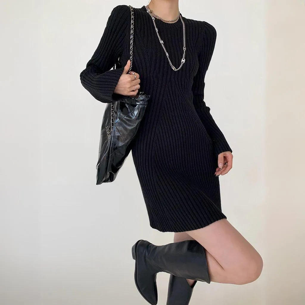 Girlary-shop fall outfits 2024 Women's Fashion Slim-Fit Knitted Dress Women's Autumn and Winter 2024 Inner Base Flared Sleeve Sweater Dress