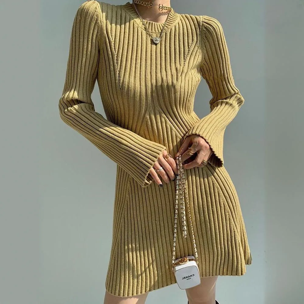 Girlary-shop fall outfits 2024 Women's Fashion Slim-Fit Knitted Dress Women's Autumn and Winter 2024 Inner Base Flared Sleeve Sweater Dress