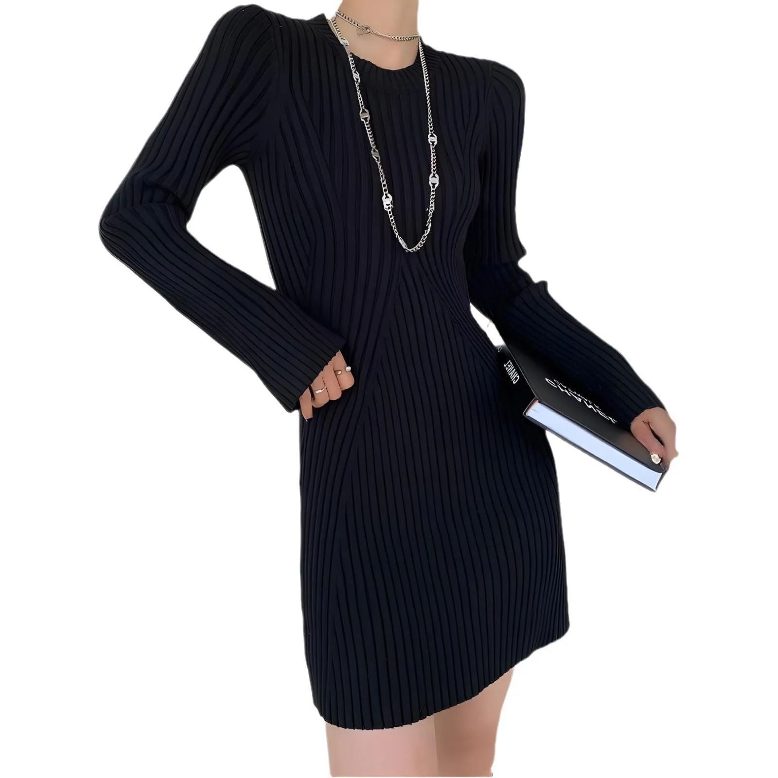 Girlary-shop fall outfits 2024 Women's Fashion Slim-Fit Knitted Dress Women's Autumn and Winter 2024 Inner Base Flared Sleeve Sweater Dress