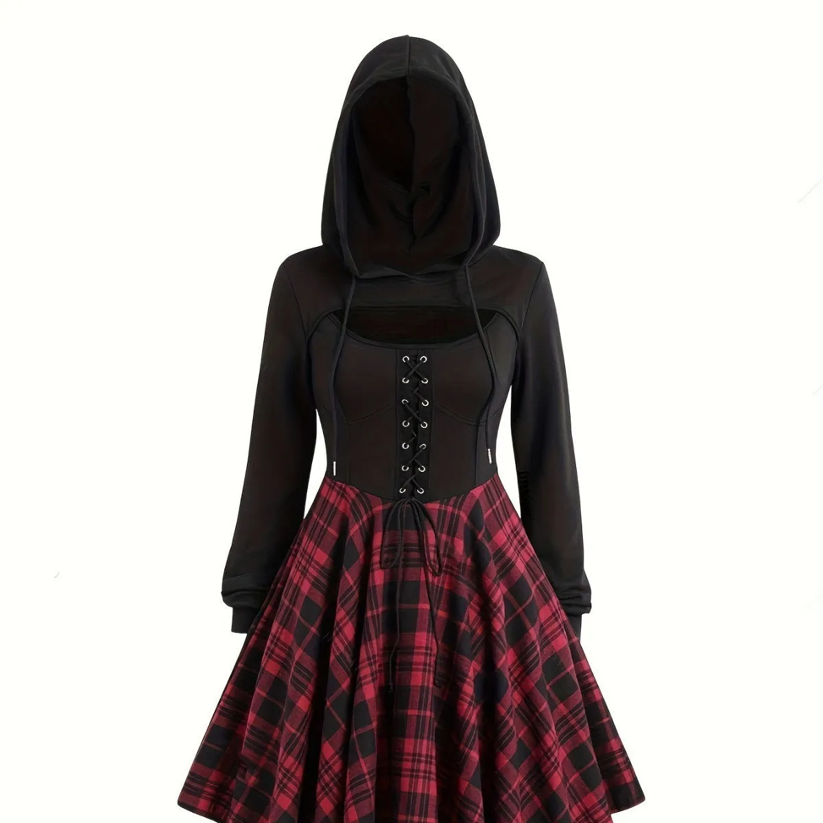 Girlary-shop pop culture dress to impress Halloween New plus Size Gothic Dress Drawstring Hooded Plaid Stitching Sweater Short Sleeve