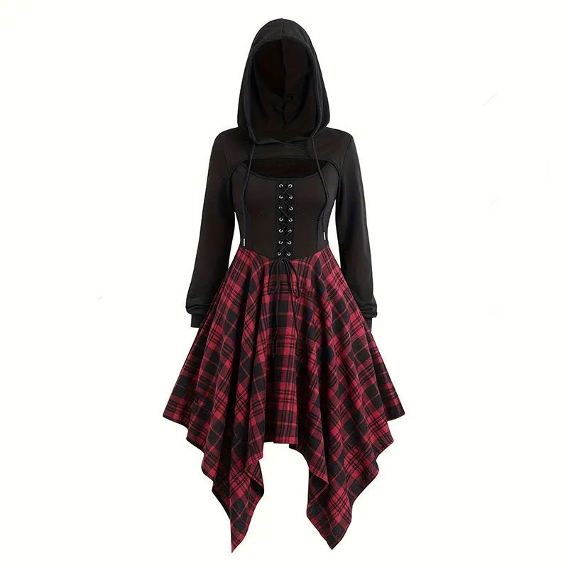 Girlary-shop pop culture dress to impress Halloween New plus Size Gothic Dress Drawstring Hooded Plaid Stitching Sweater Short Sleeve