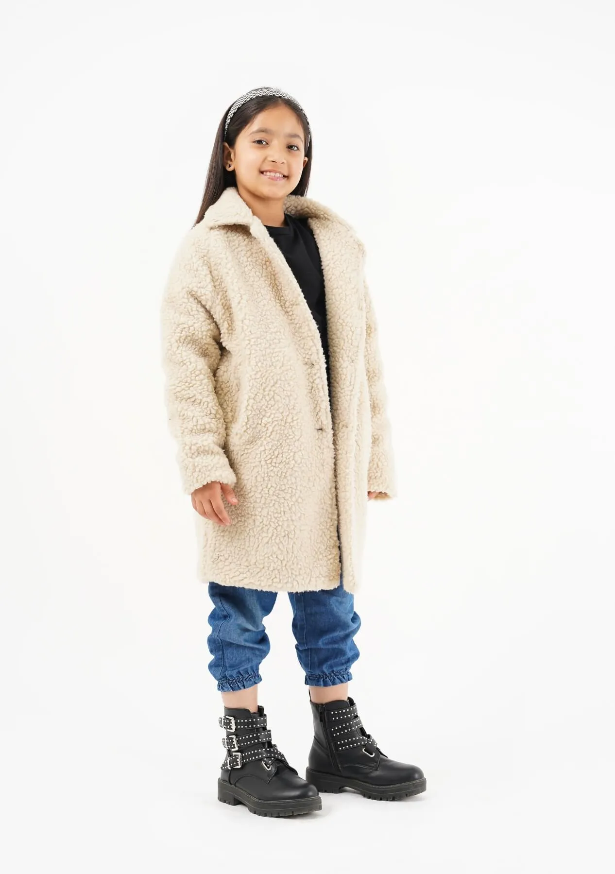 Girls Sherpa Long Coat - Beige