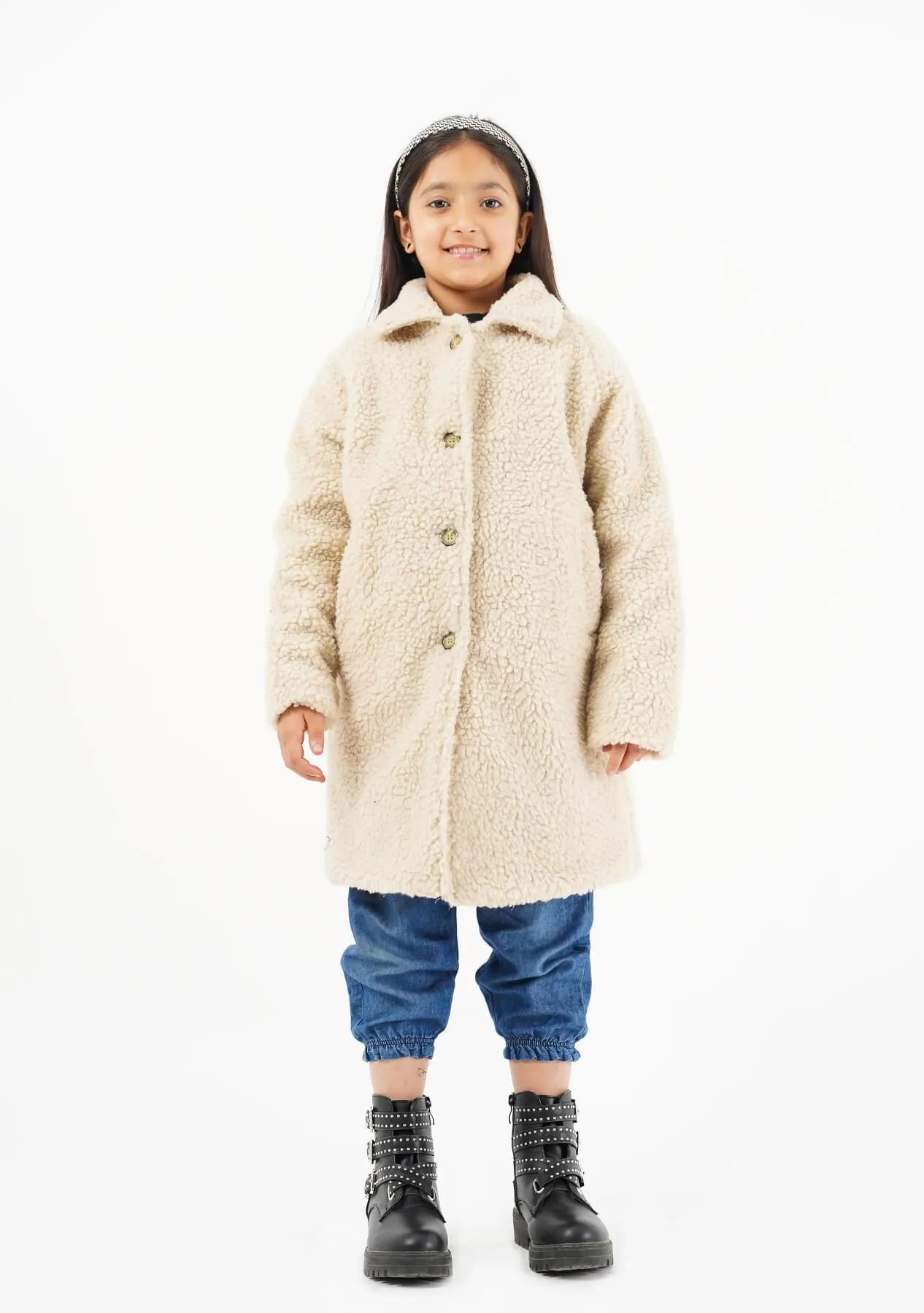 Girls Sherpa Long Coat - Beige