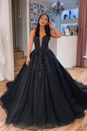 Gorgeous V Neck Beaded Black Lace Long Prom Dress, Black Lace Formal Evening Dress, Black Ball Gown A1636