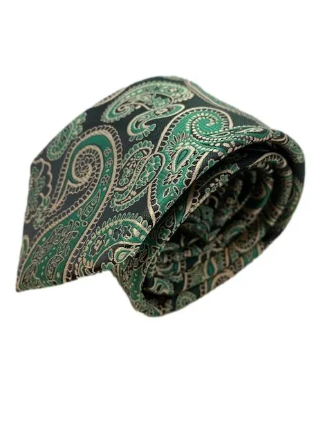 Green and Light Gold Paisley Silk 2XL Tie