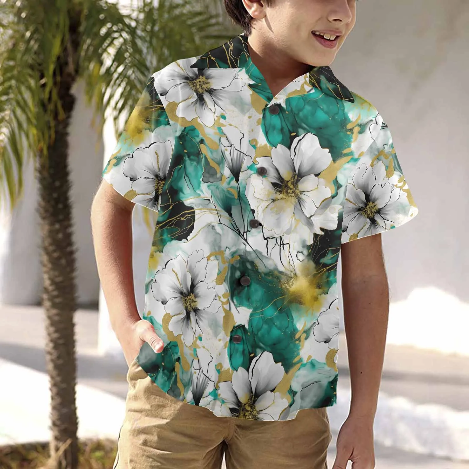 Green and White Ink Floral  Little Boys Hawaiian Shirt