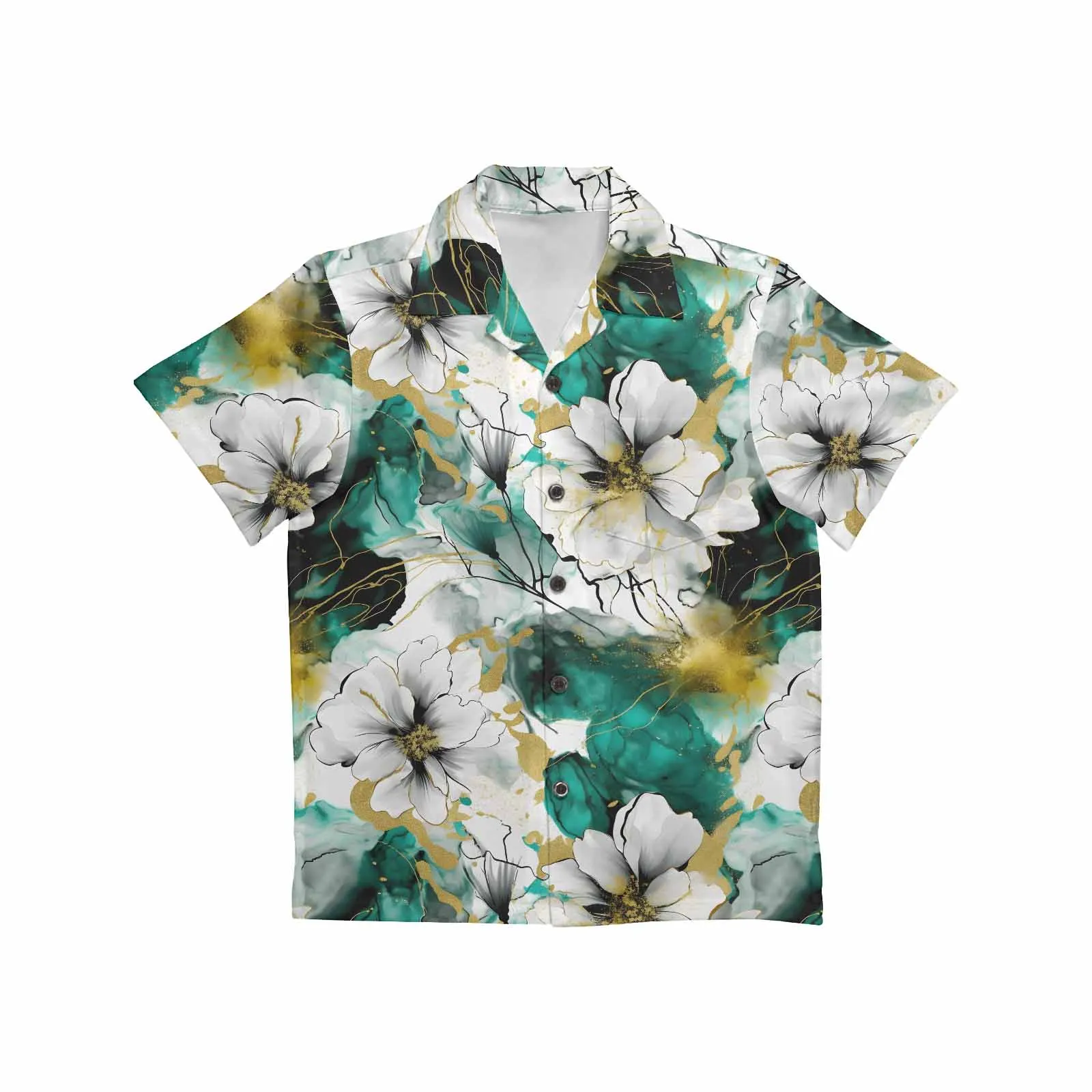 Green and White Ink Floral  Little Boys Hawaiian Shirt