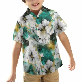 Green and White Ink Floral  Little Boys Hawaiian Shirt