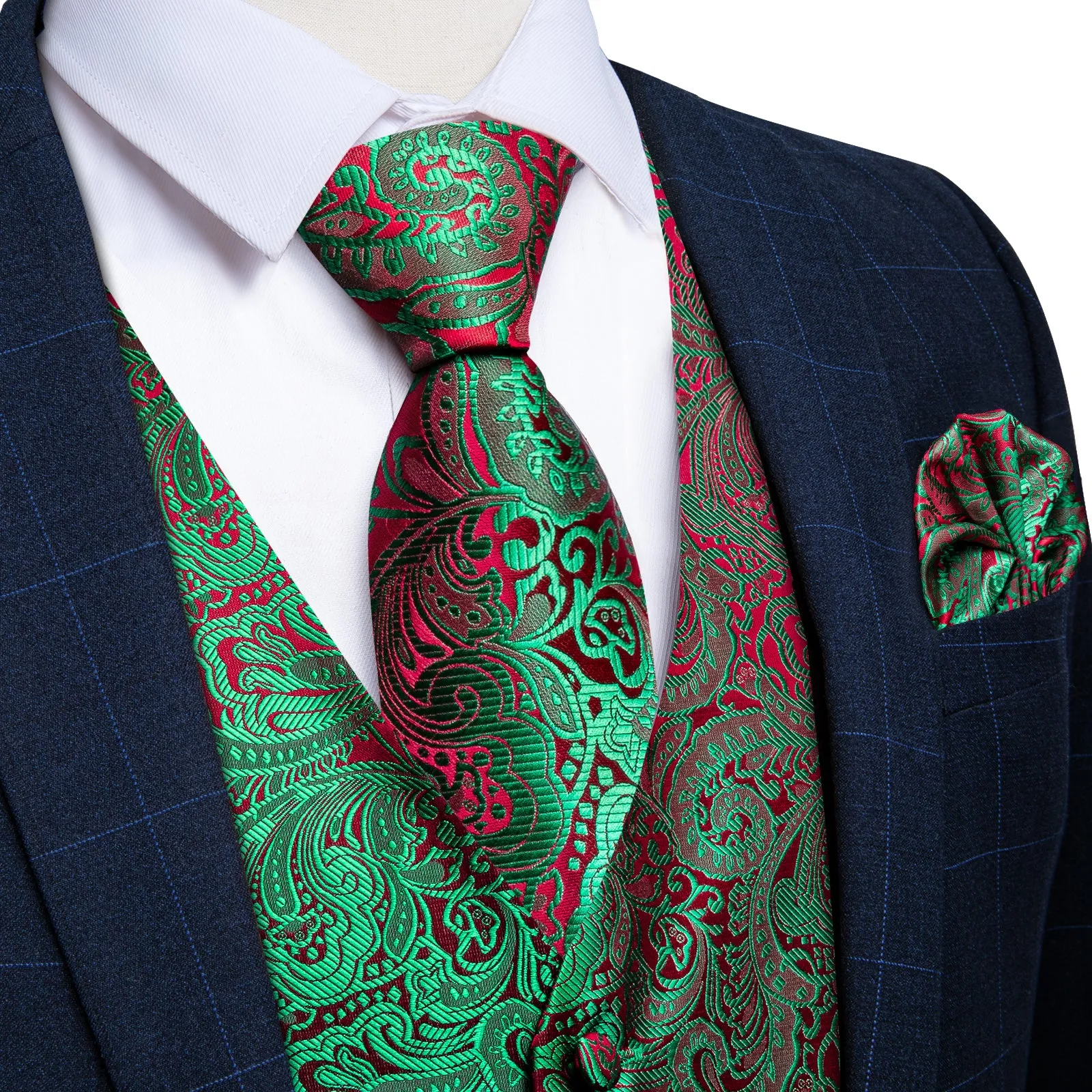 Green Red Paisley Men's Vest Tie Set