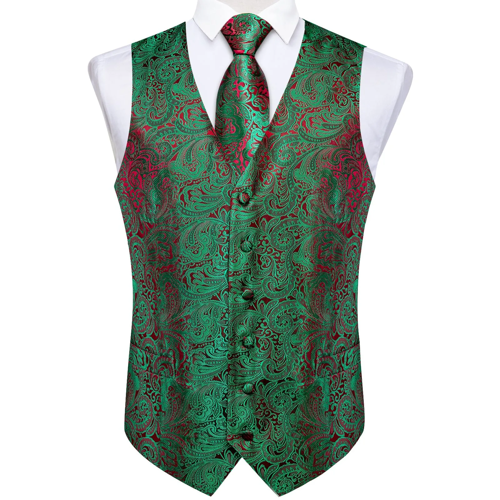 Green Red Paisley Men's Vest Tie Set