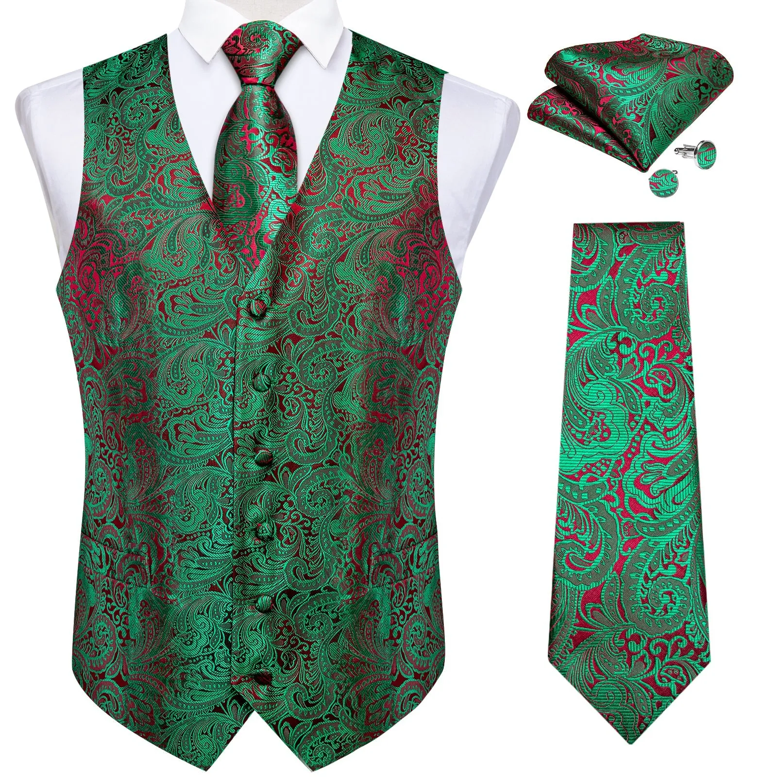 Green Red Paisley Men's Vest Tie Set