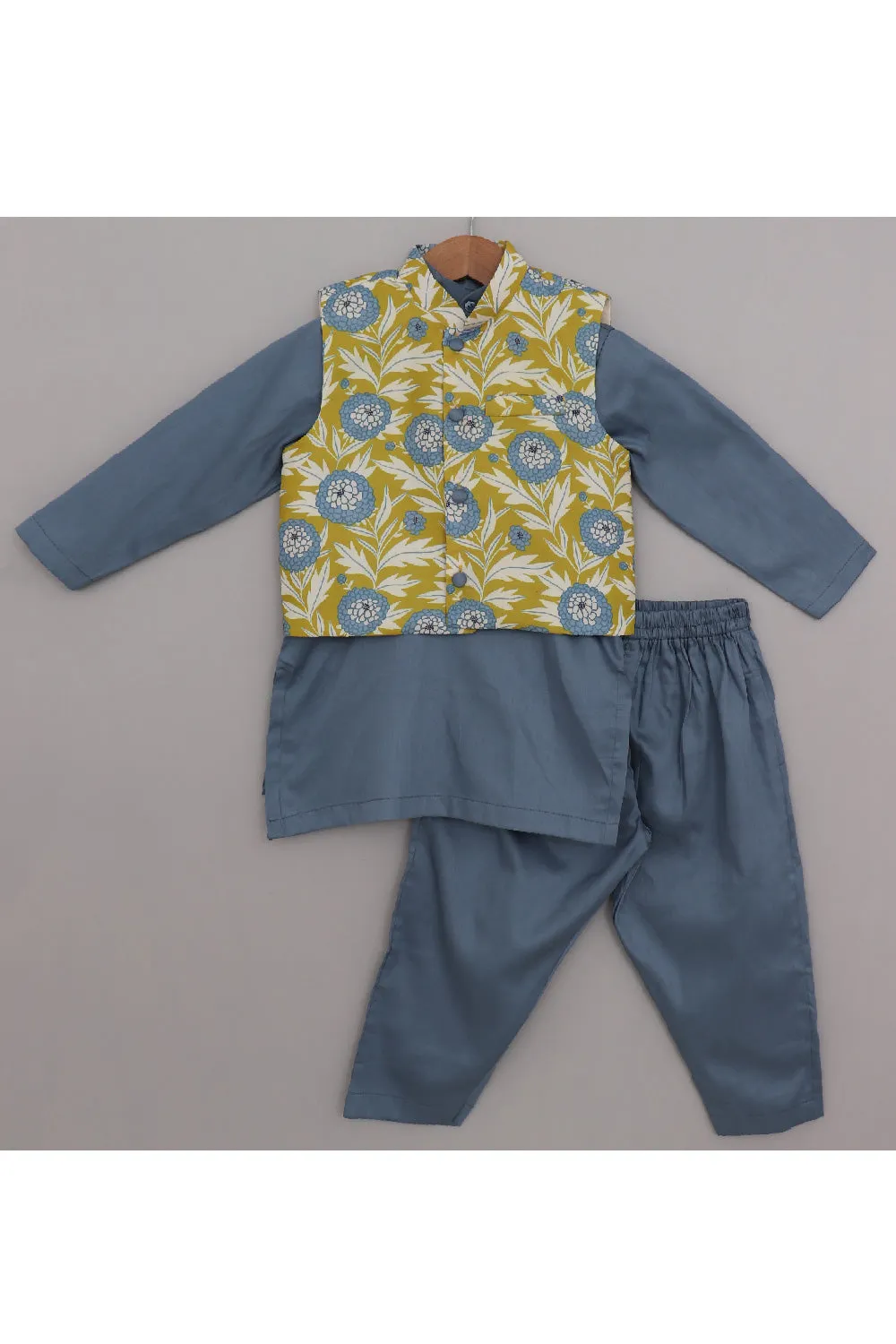 Grey Kurta And Pyjama With Floral Printed Jacket Set