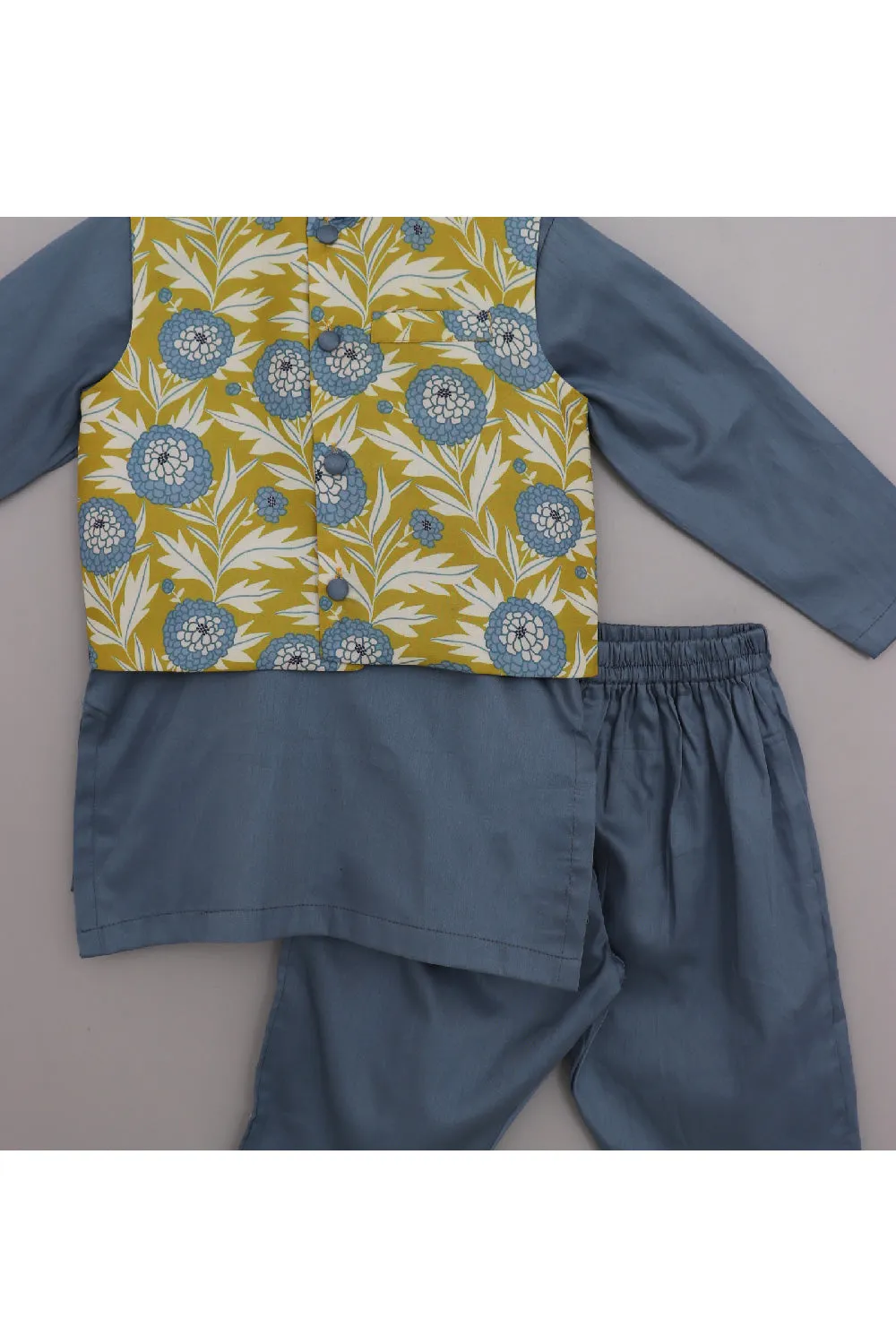 Grey Kurta And Pyjama With Floral Printed Jacket Set