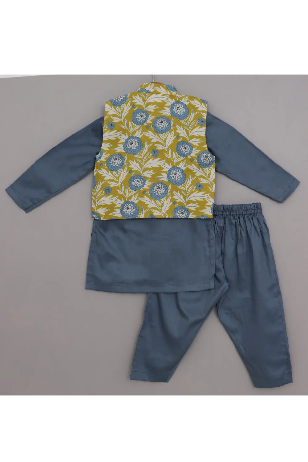 Grey Kurta And Pyjama With Floral Printed Jacket Set