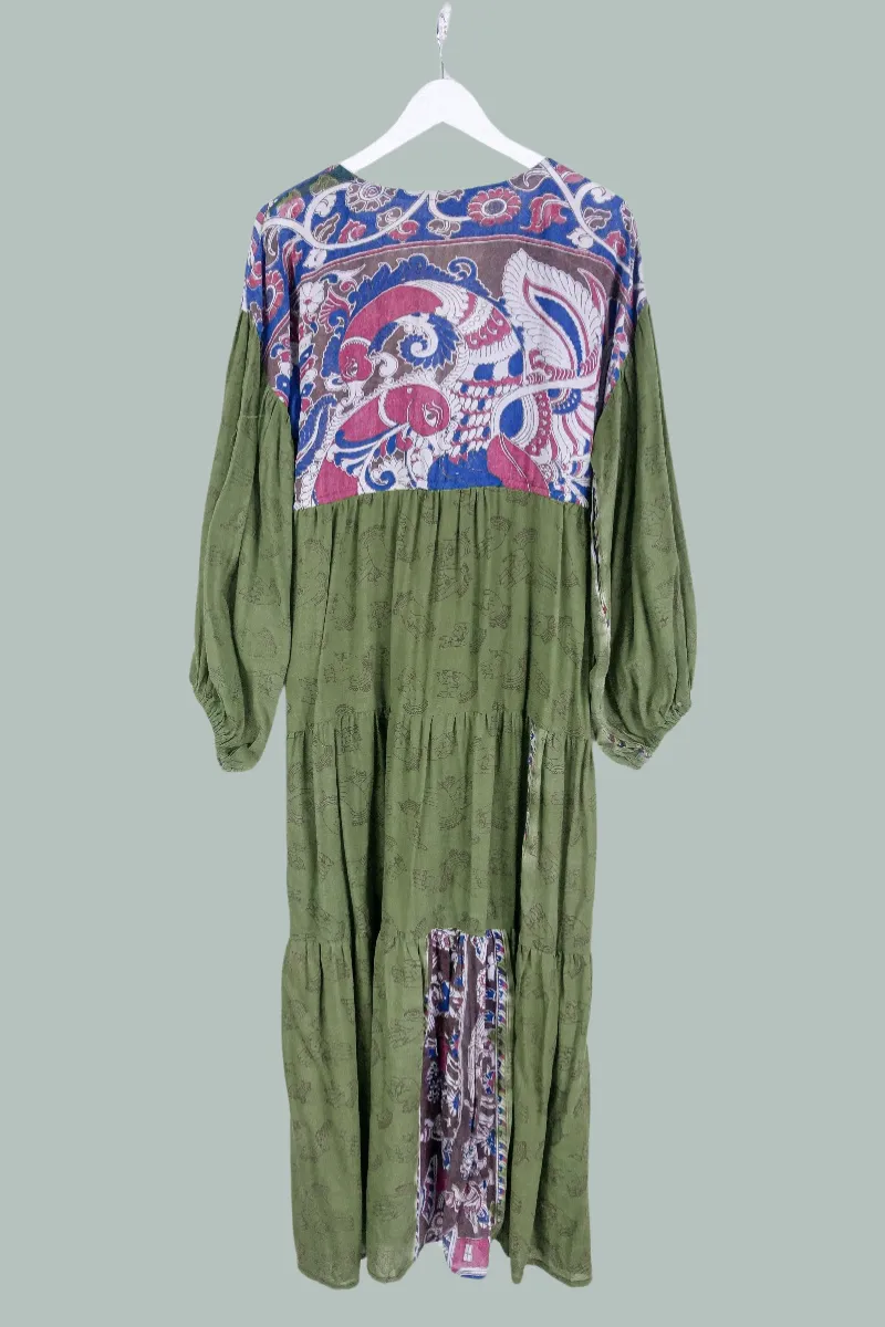 Gypsophila Maxi Dress - Vintage Indian Cotton - Moss Green Hands & Peacock Motif - M/L