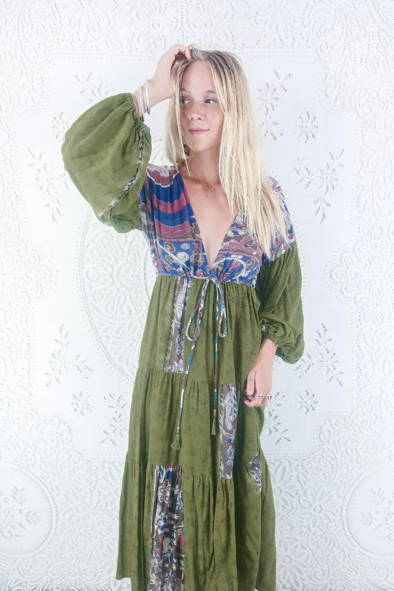 Gypsophila Maxi Dress - Vintage Indian Cotton - Moss Green Hands & Peacock Motif - M/L