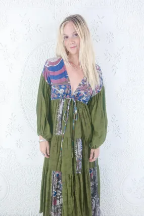 Gypsophila Maxi Dress - Vintage Indian Cotton - Moss Green Hands & Peacock Motif - M/L