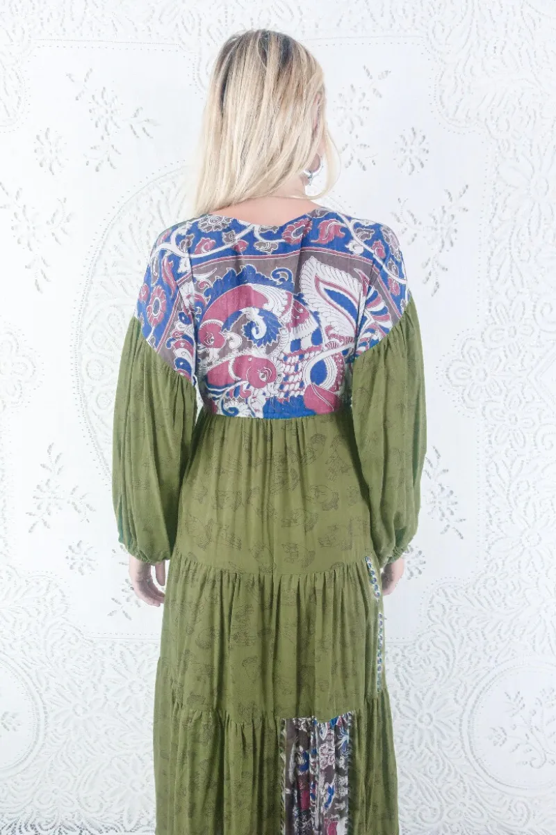 Gypsophila Maxi Dress - Vintage Indian Cotton - Moss Green Hands & Peacock Motif - M/L