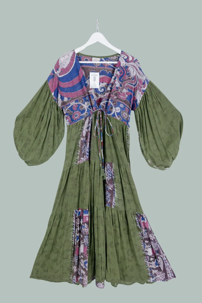 Gypsophila Maxi Dress - Vintage Indian Cotton - Moss Green Hands & Peacock Motif - M/L