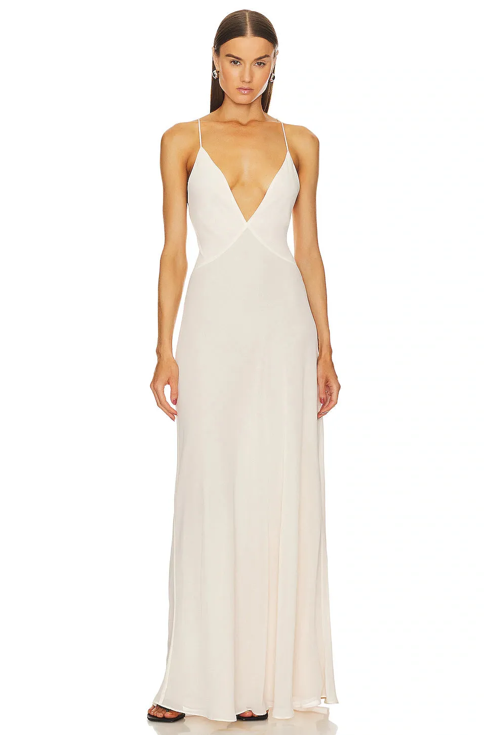 Helsa Studio Sheer Deep V Long Slip Dress - Cream