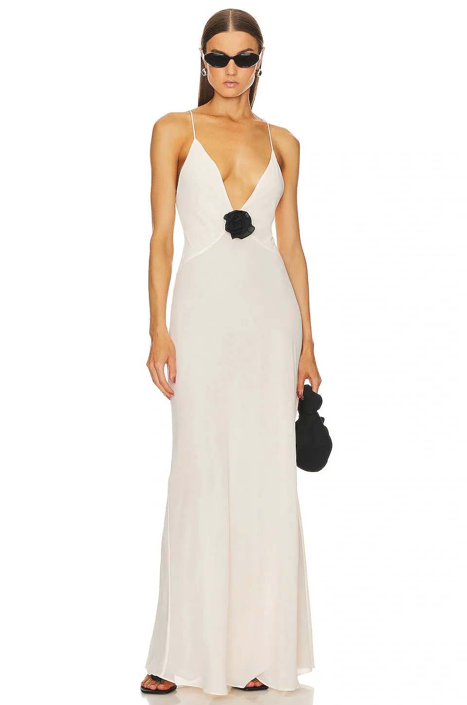 Helsa Studio Sheer Deep V Long Slip Dress - Cream