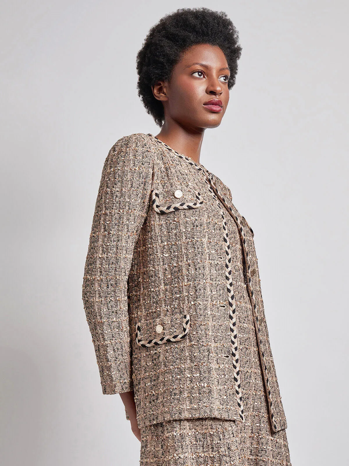 Heritage Fit Braid Trim Tweed Knit Jacket