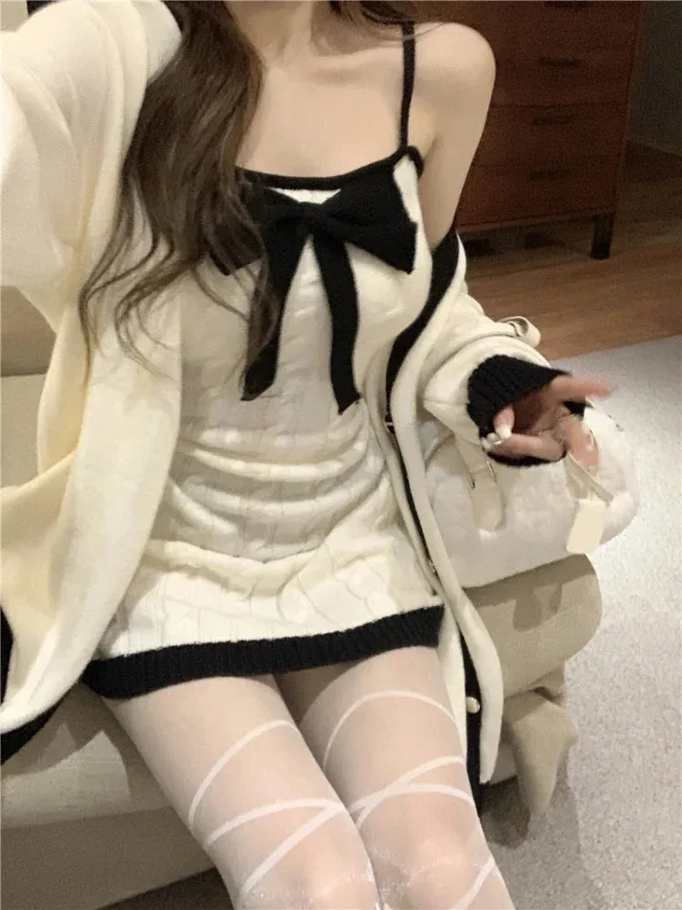 Hnewly FALL OUTFITS Elegant Knitted Two Piece Set Women Bow Designer Sweet Party Dress Set Female Korean Style Sweater Mini Dress Suit Winter