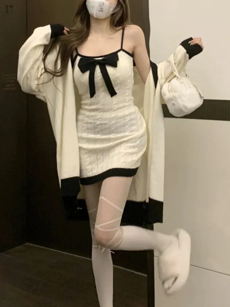 Hnewly FALL OUTFITS Elegant Knitted Two Piece Set Women Bow Designer Sweet Party Dress Set Female Korean Style Sweater Mini Dress Suit Winter